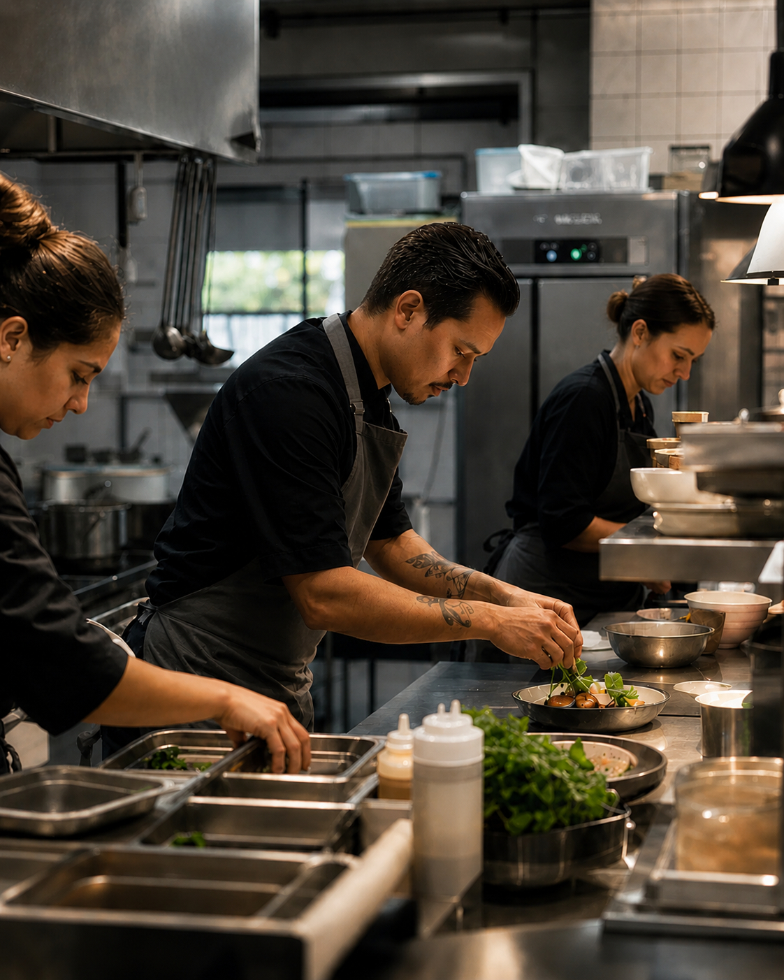A hospitality kitchen team working through service